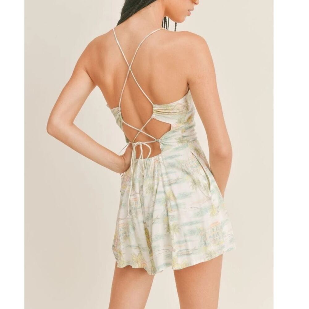Sage the Label Open Back Lace Up Romper Womens L Copacabana Beach Tropical Print